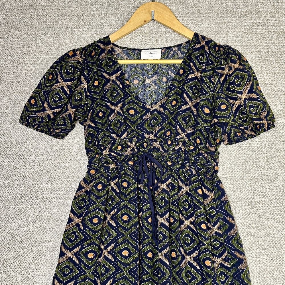 Bohme Womens Sz XS Geometric Print V-Neck Midi Dress Boho Chic Summer Party Wear